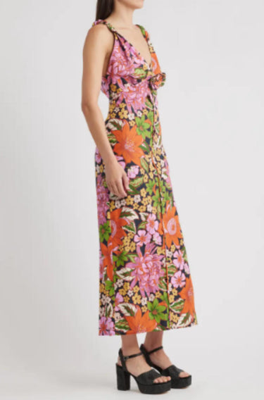 FLORAL BLACK VIVI ROSE PIPPING MIDI DRESS-Dresses-Farm Rio-Debs Boutique